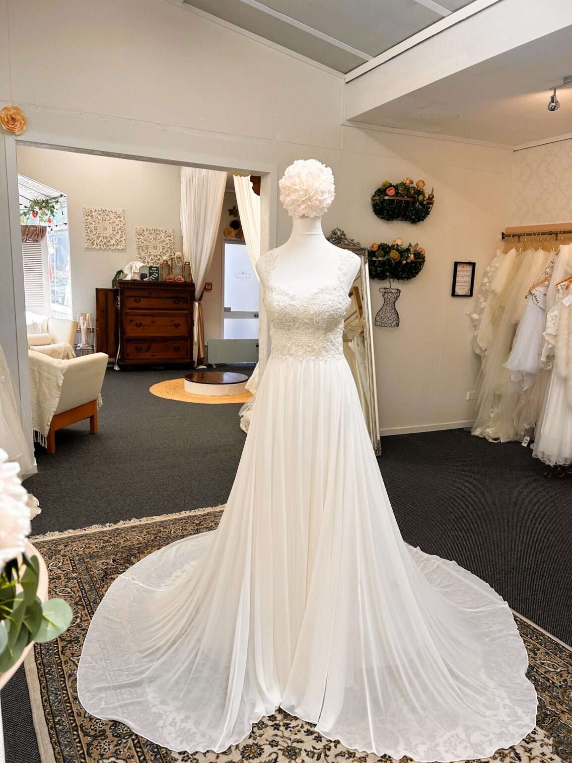 Emerald wedding dress front view with chiffon skirt